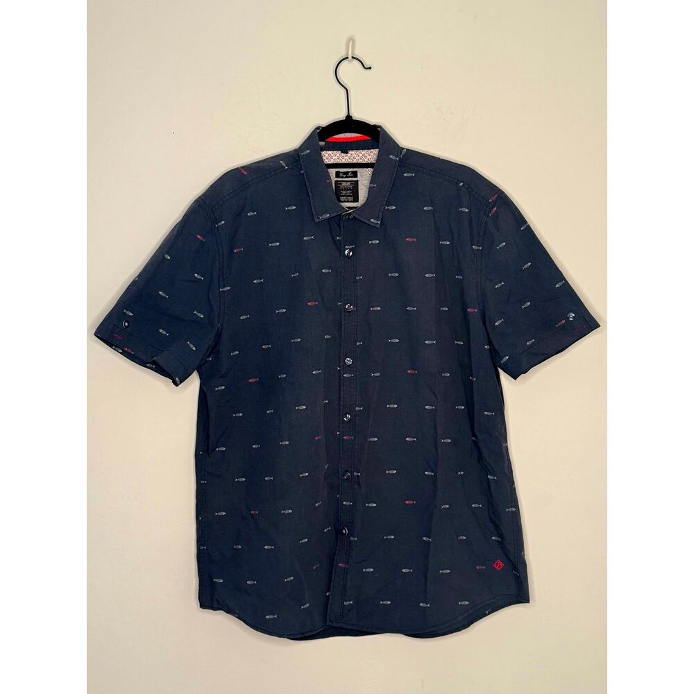 Point Zero Urban Collection Short-Sleeve Button-Down Shirt Navy Fish L Maritime